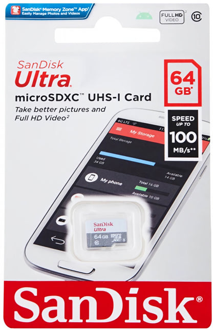 Карта памет microSDXC SanDisk Ultra, 64Gb, Клас 10 SDSQUNR-064G-GN3MN