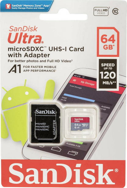 Карта памет microSDXC SanDisk Ultra Android A1, 64Gb, Клас 10 / UHS-1 U1, С адаптер SDSQUAB-064G-GN6MA
