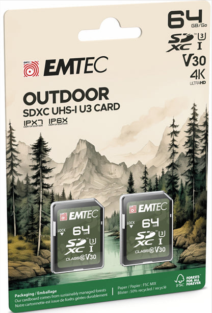 SDXC памет карта Emtec Rugged Outdoor, 64Gb, Клас 10 / UHS-1 U3, Комплект 2 броя ECMSD64GXCU3ORP