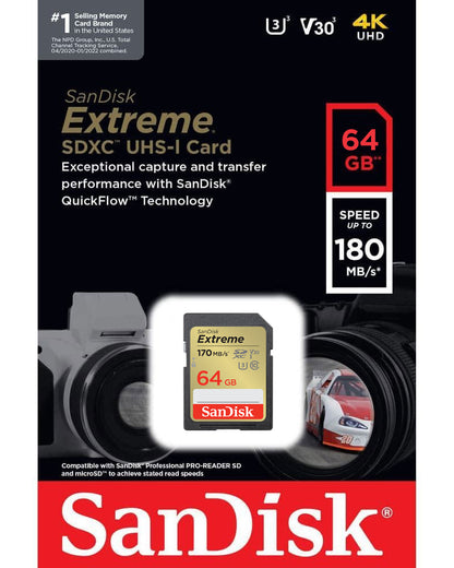 Карта памет SDXC SanDisk Extreme, 64Gb, Клас 10 / UHS-1 U3 SDSDXV2-064G-GNCIN