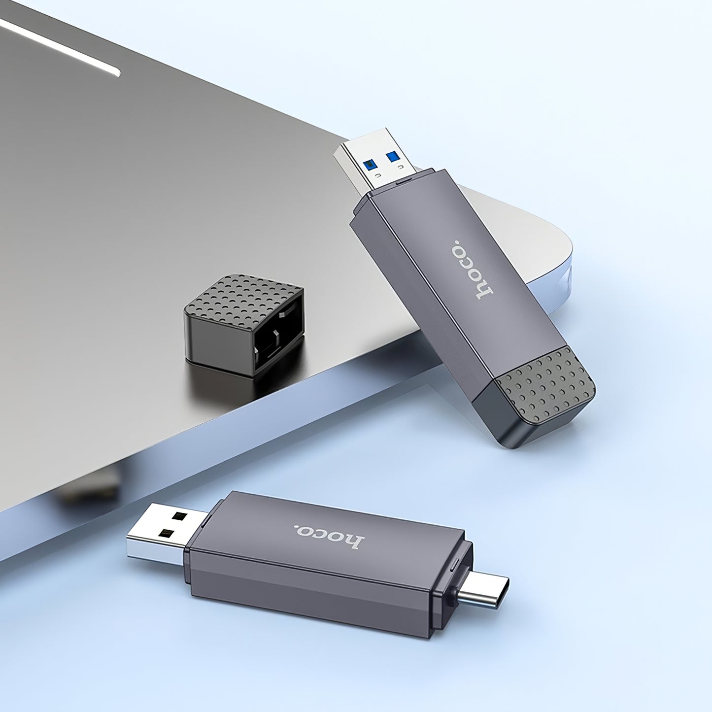 Четец на карти USB / USB-C HOCO HB45, SD - microSD, USB 2.0, сив 