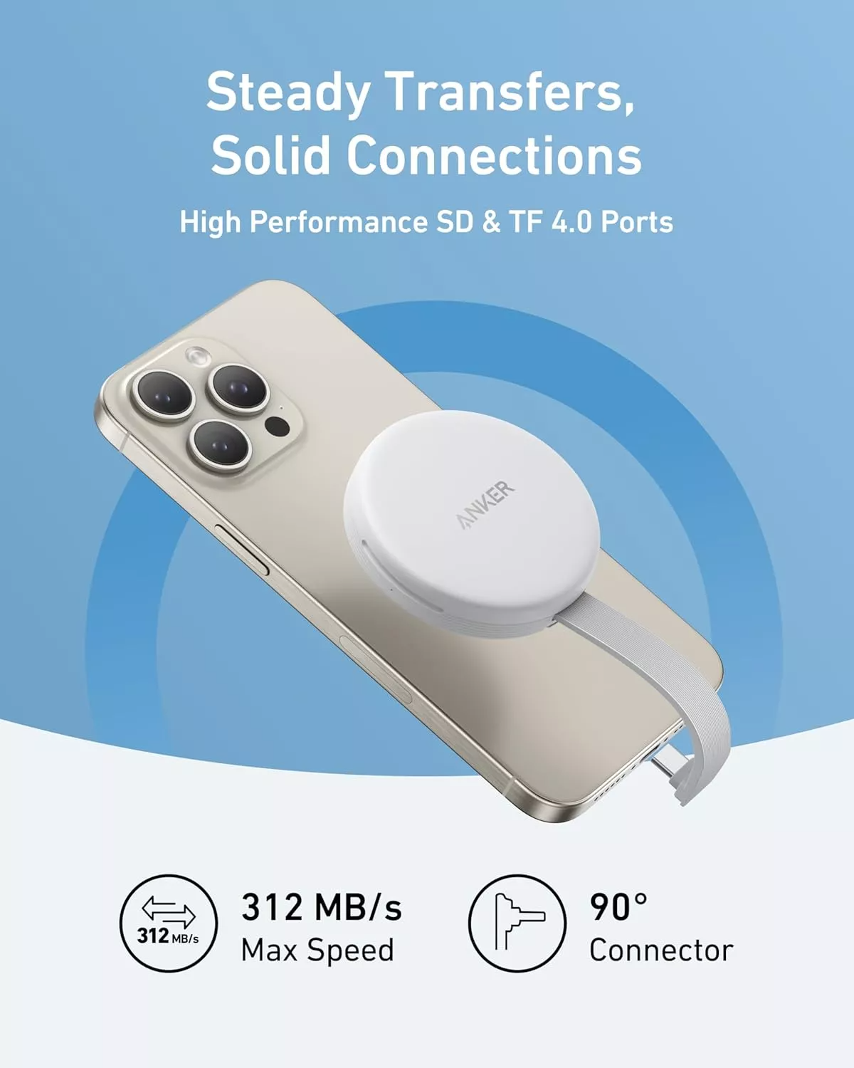 Четец за карти USB-C Anker MagGo за Apple iPhone USB-C, SD - microSD, Бял A83D1G21