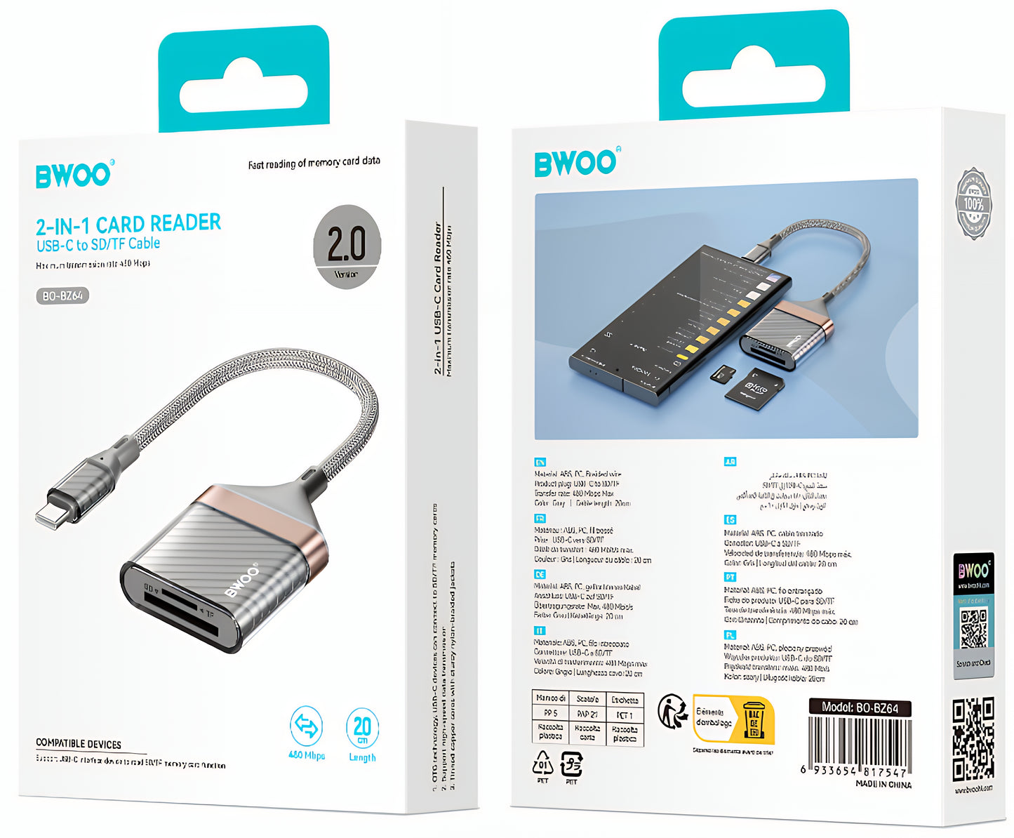 Четец за карти USB-C BWOO BZ64, SD - microSD, Сив