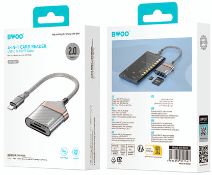 Четец за карти USB-C BWOO BZ64, SD - microSD, Сив