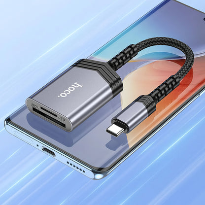 USB-C четец за карти HOCO UA25, SD - microSD, сив 