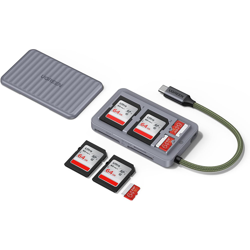 Четец за карти USB-C с органайзер UGREEN 55886, 2 x SD - microSD, Сив