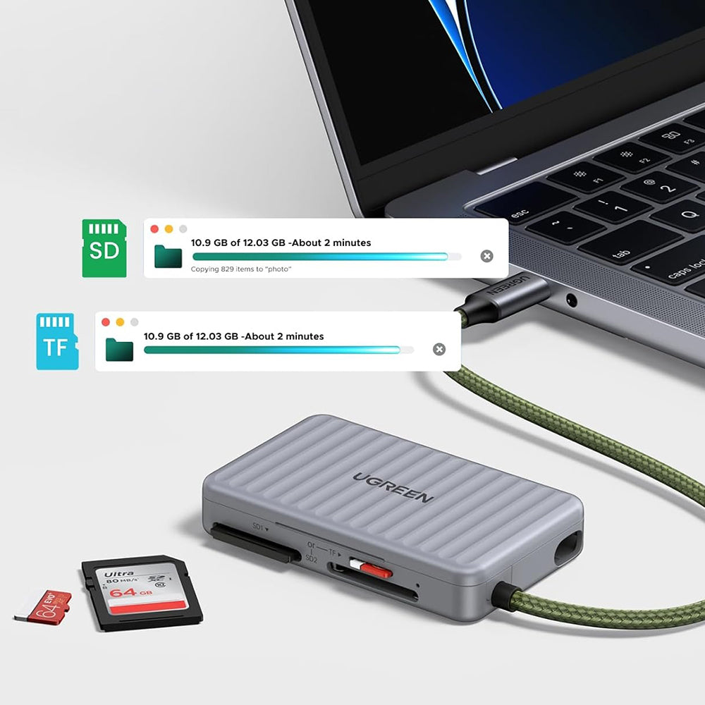 Четец за карти USB-C с органайзер UGREEN 55886, 2 x SD - microSD, Сив