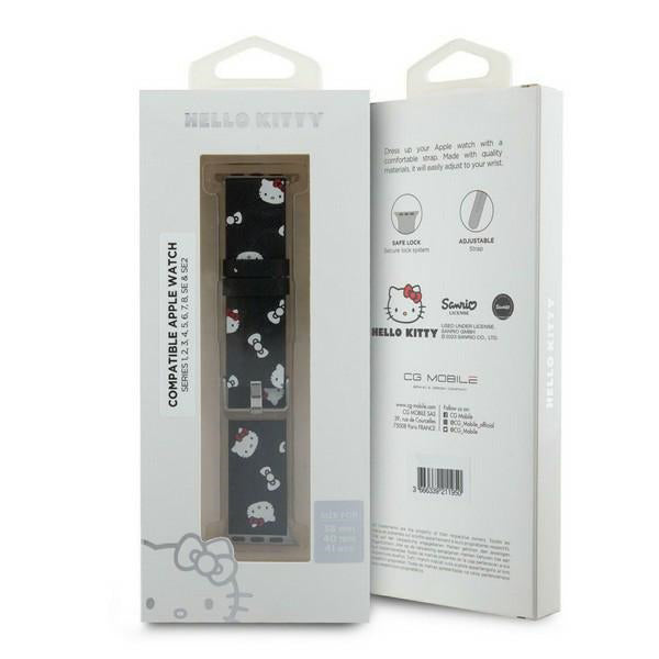 Каишка Hello Kitty Leather Kitty & Bows за Apple Watch 42mm / 41mm / 40mm / 38mm Series, Черна