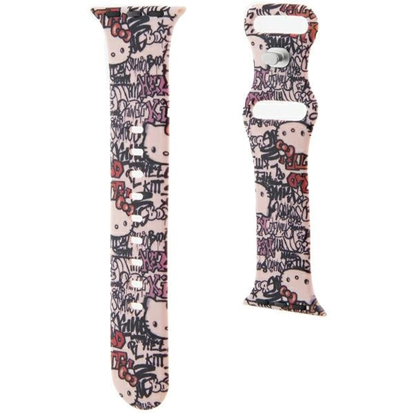 Каишка Hello Kitty Silicone Tags Graffiti за Apple Watch 42mm / 41mm / 40mm / 38mm Series, Розова