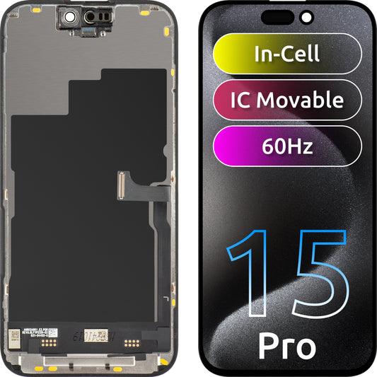 Дисплей с тъчскрийн JK за Apple iPhone 15 Pro, с рамка, LCD версия In-Cell IC Movable, черен