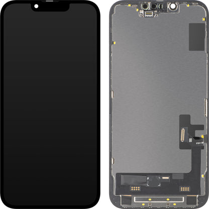 Дисплей с тъчскрийн MP, съвместим с Apple iPhone 14, с рамка, версия Soft OLED IC Movable FHD, черен