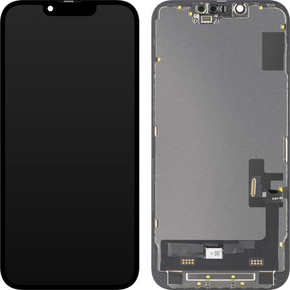 Дисплей с тъчскрийн MP, съвместим с Apple iPhone 14, с рамка, версия Soft OLED FHD Diagnostic, черен