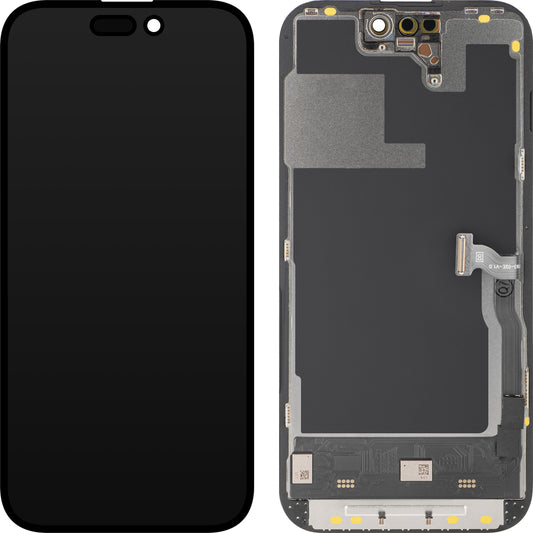 Дисплей с тъчскрийн MP, съвместим с Apple iPhone 14 Pro, с рамка, версия Soft OLED 120Hz FHD Diagnostic, черен