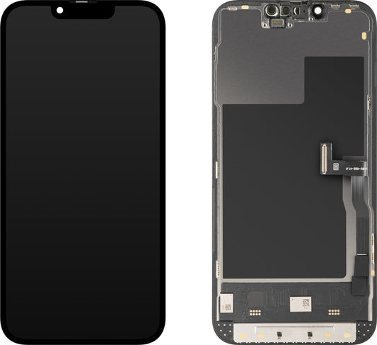Дисплей с тъчскрийн MP, съвместим с Apple iPhone 13 Pro, с рамка, версия Soft OLED 120Hz FHD Diagnostic, черен