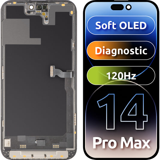 Дисплей с тъчскрийн MP, съвместим с Apple iPhone 14 Pro, с рамка, версия Soft OLED 120Hz FHD Diagnostic, черен, Swap