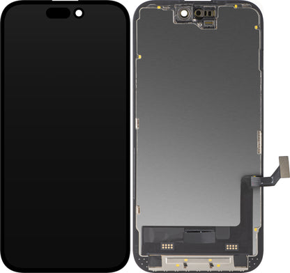 Дисплей с тъчскрийн MP, съвместим с Apple iPhone 15, с рамка, версия Soft OLED FHD Diagnostic, черен