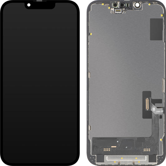 Дисплей с тъчскрийн MP, съвместим с Apple iPhone 14, с рамка, версия Soft OLED FHD 120Hz IC Movable, черен