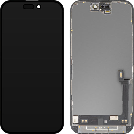 Дисплей с тъчскрийн MP съвместим с Apple iPhone 16, с рамка, премиум версия софт OLED FHD диагностичен, черен