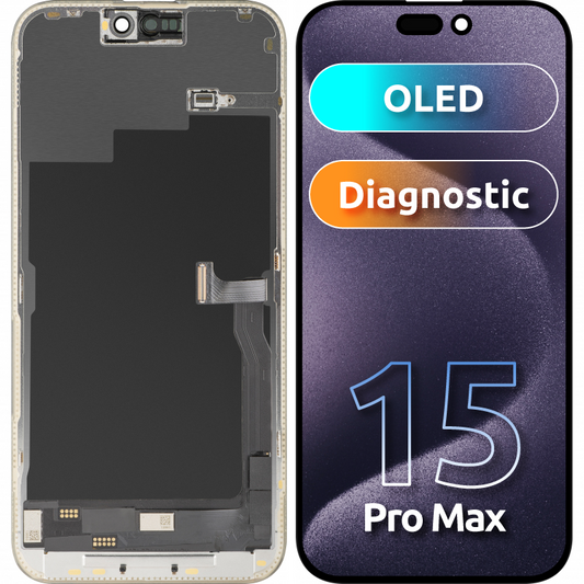 Дисплей с MP сензорен екран, съвместим с Apple iPhone 15 Pro Max, с рамка, OLED FHD диагностична версия, черен, повторно опакован