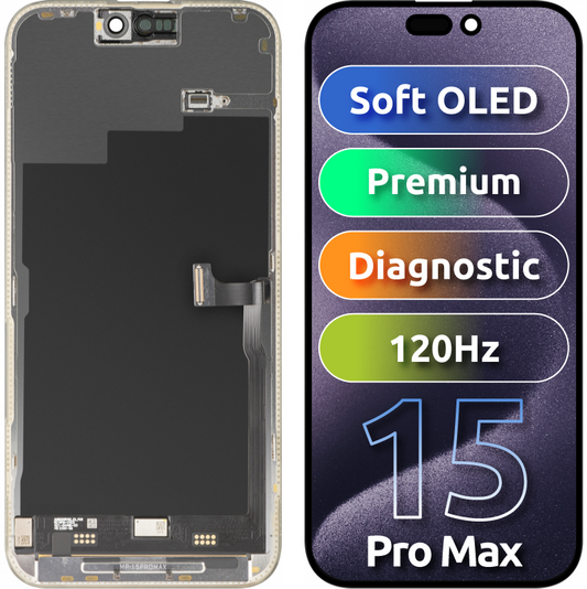 Дисплей с тъчскрийн MP съвместим с Apple iPhone 15 Pro Max, с рамка, премиум версия софт OLED FHD 120Hz диагностичен, черен, повторно опакован