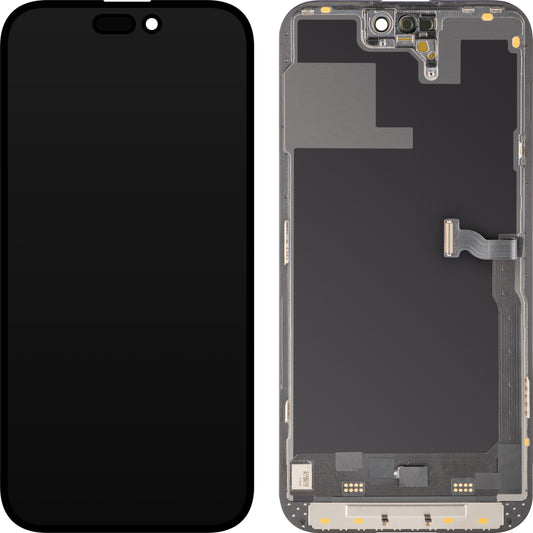 Дисплей с тъчскрийн MP, съвместим с Apple iPhone 14 Pro, с рамка, версия Soft OLED 120Hz FHD Diagnostic, черен, Swap