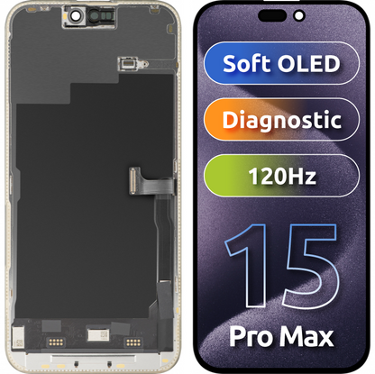 Дисплей с тъчскрийн MP, съвместим с Apple iPhone 15 Pro Max, с рамка, версия Soft OLED 120Hz FHD Diagnostic, черен