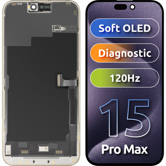 Дисплей с тъчскрийн MP, съвместим с Apple iPhone 15 Pro Max, с рамка, версия Soft OLED 120Hz FHD Diagnostic, черен