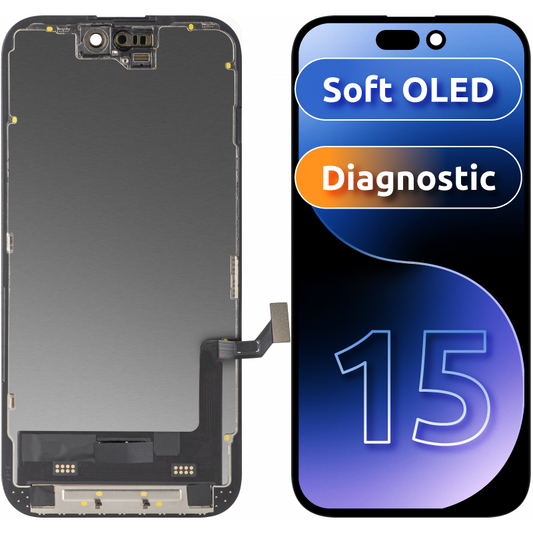 Дисплей с тъчскрийн MP, съвместим с Apple iPhone 15, с рамка, версия Soft OLED FHD Diagnostic, черен