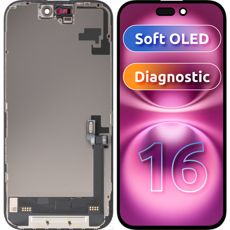 Дисплей с тъчскрийн MP, съвместим с Apple iPhone 16, с рамка, версия Soft OLED FHD Diagnostic, черен