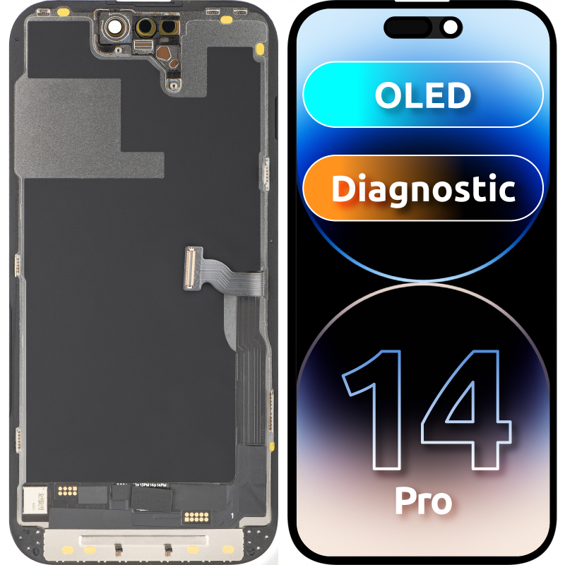 Дисплей с тъчскрийн MP, съвместим с Apple iPhone 14 Pro, с рамка, OLED FHD версия за диагностика, черен