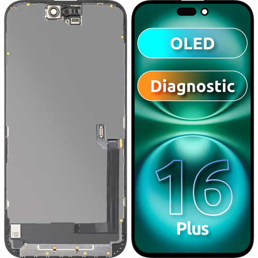 Дисплей с тъчскрийн MP, съвместим с Apple iPhone 16 Plus, с рамка, OLED FHD версия за диагностика, черен