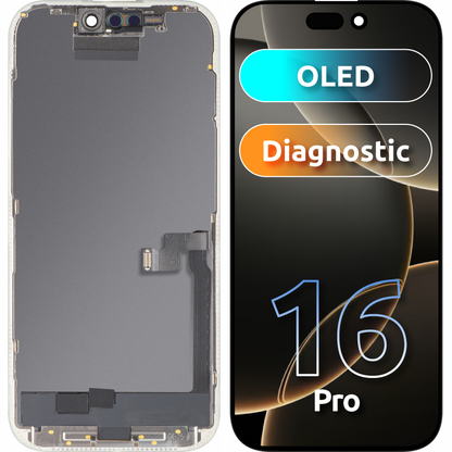 Дисплей с тъчскрийн MP, съвместим с Apple iPhone 16 Pro, с рамка, OLED FHD версия за диагностика, черен