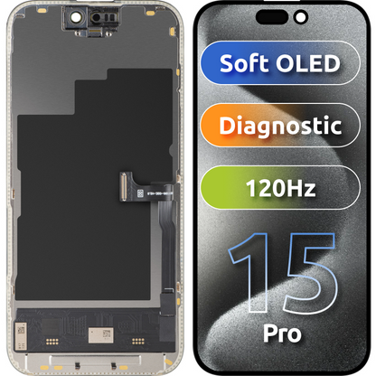 Дисплей с тъчскрийн MP, съвместим с Apple iPhone 15 Pro, с рамка, версия Soft OLED FHD 120Hz Diagnostic, черен