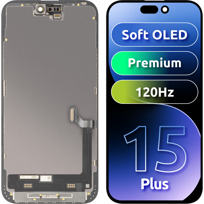 MP Touchscreen Display compatible with Apple iPhone 15 Plus, with Frame, Premium Soft OLED FHD 120Hz Version, Black