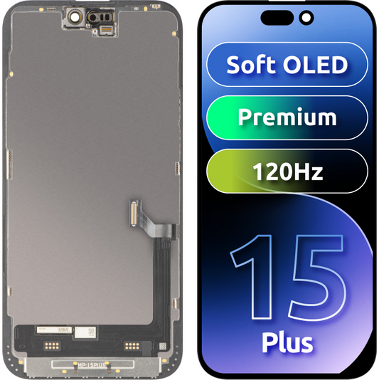 Дисплей с MP сензорен екран, съвместим с Apple iPhone 15 Plus, с рамка, премиум версия Soft OLED FHD 120Hz, черен