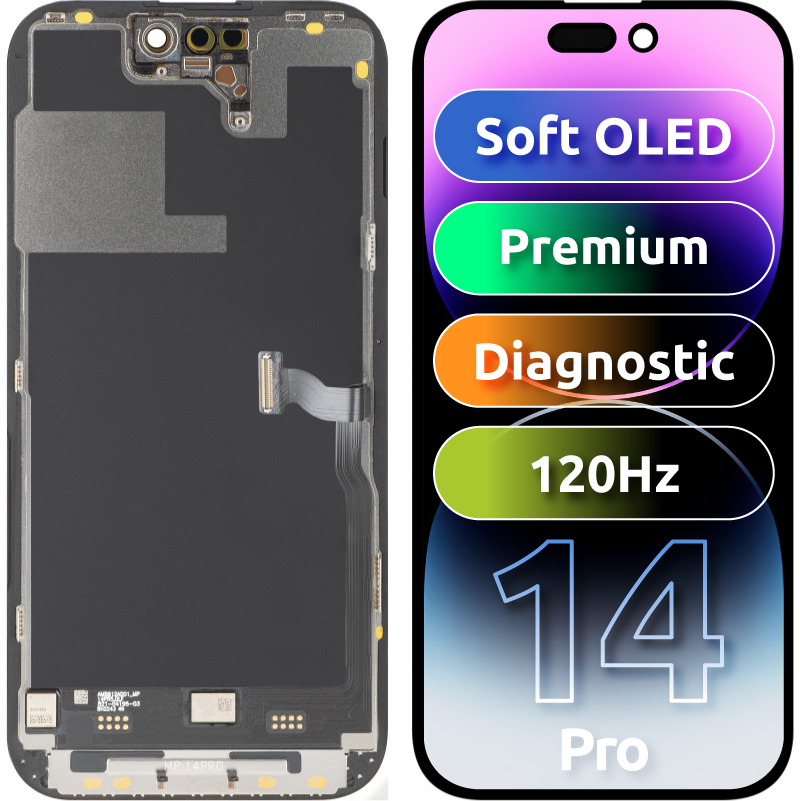 Дисплей с MP сензорен екран, съвместим с Apple iPhone 14 Pro, с рамка, премиум версия Soft OLED FHD 120Hz диагностичен, черен