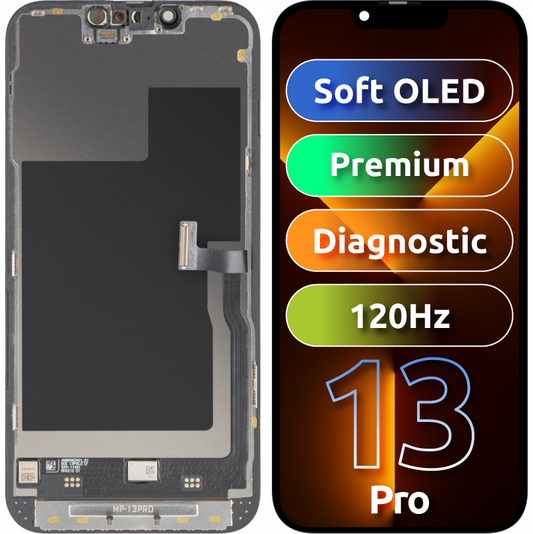 Дисплей с MP сензорен екран, съвместим с Apple iPhone 13 Pro, с рамка, премиум версия Soft OLED FHD 120Hz диагностичен, черен