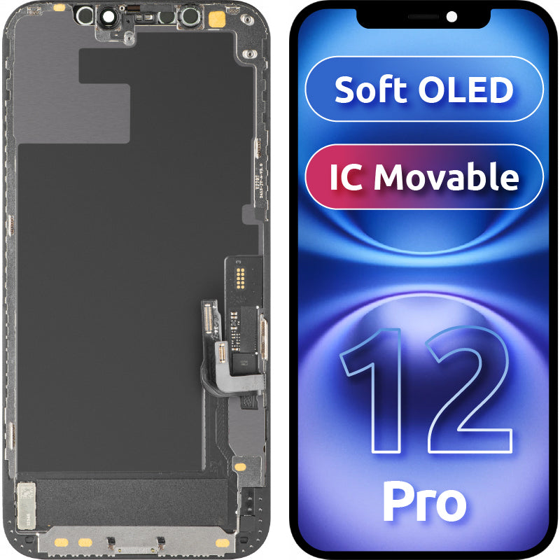 Дисплей с тъчскрийн MP, съвместим с Apple iPhone 12 / 12 Pro, с рамка, версия Soft OLED IC Movable FHD, черен
