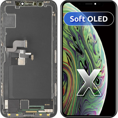 Дисплей с тъчскрийн MP, съвместим с Apple iPhone X, с рамка, версия Soft OLED FHD, черен