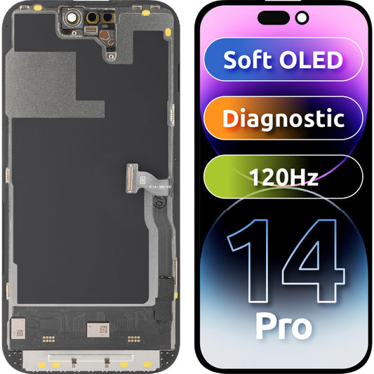 Дисплей с тъчскрийн MP, съвместим с Apple iPhone 14 Pro, с рамка, версия Soft OLED 120Hz FHD Diagnostic, черен