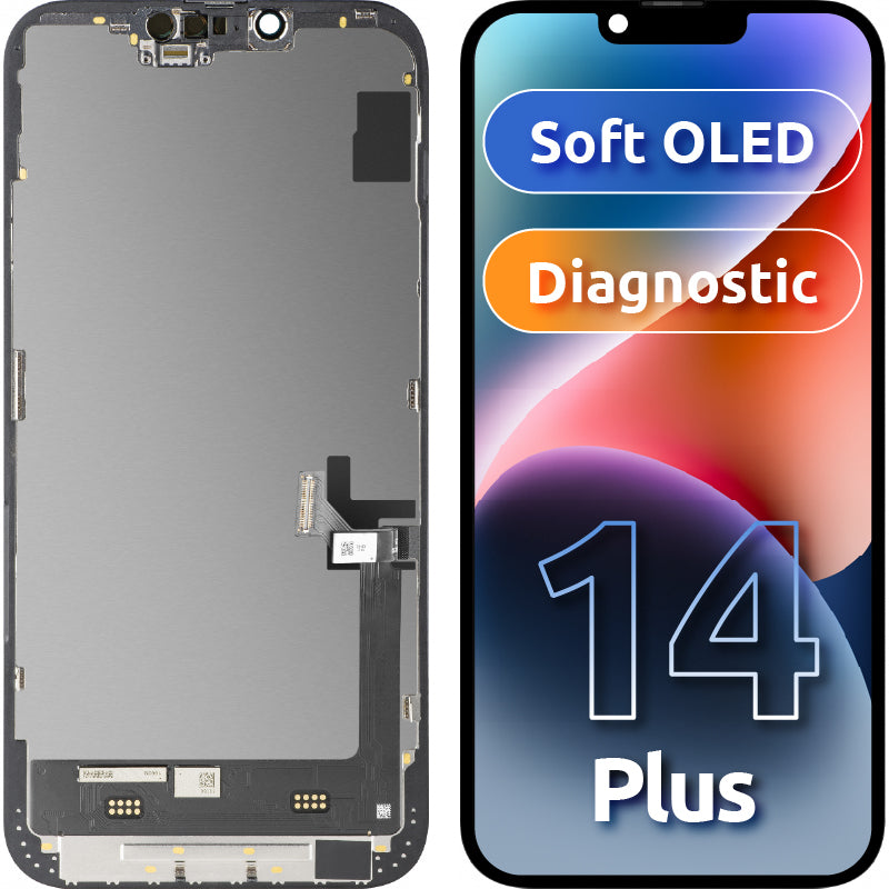 Дисплей с тъчскрийн MP, съвместим с Apple iPhone 14 Plus, с рамка, версия Soft OLED FHD Diagnostic, черен