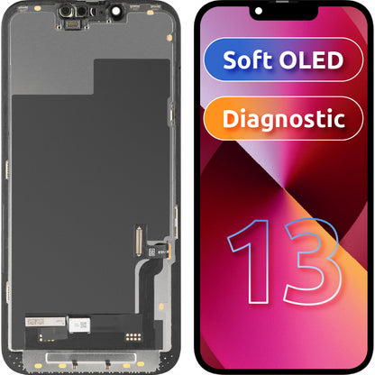 Дисплей с тъчскрийн MP, съвместим с Apple iPhone 13, с рамка, версия Soft OLED FHD Diagnostic, черен