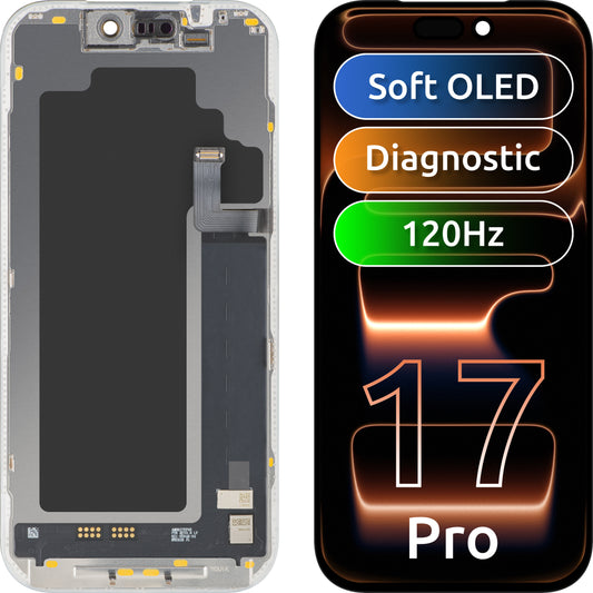 Дисплей с MP сензорен екран, съвместим с Apple iPhone 17 Pro, с рамка, софтуерна версия OLED FHD 120Hz диагностичен, черен