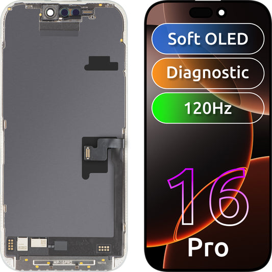 Дисплей с MP сензорен екран, съвместим с Apple iPhone 16 Pro, с рамка, софтуерна версия OLED FHD 120Hz диагностичен, черен