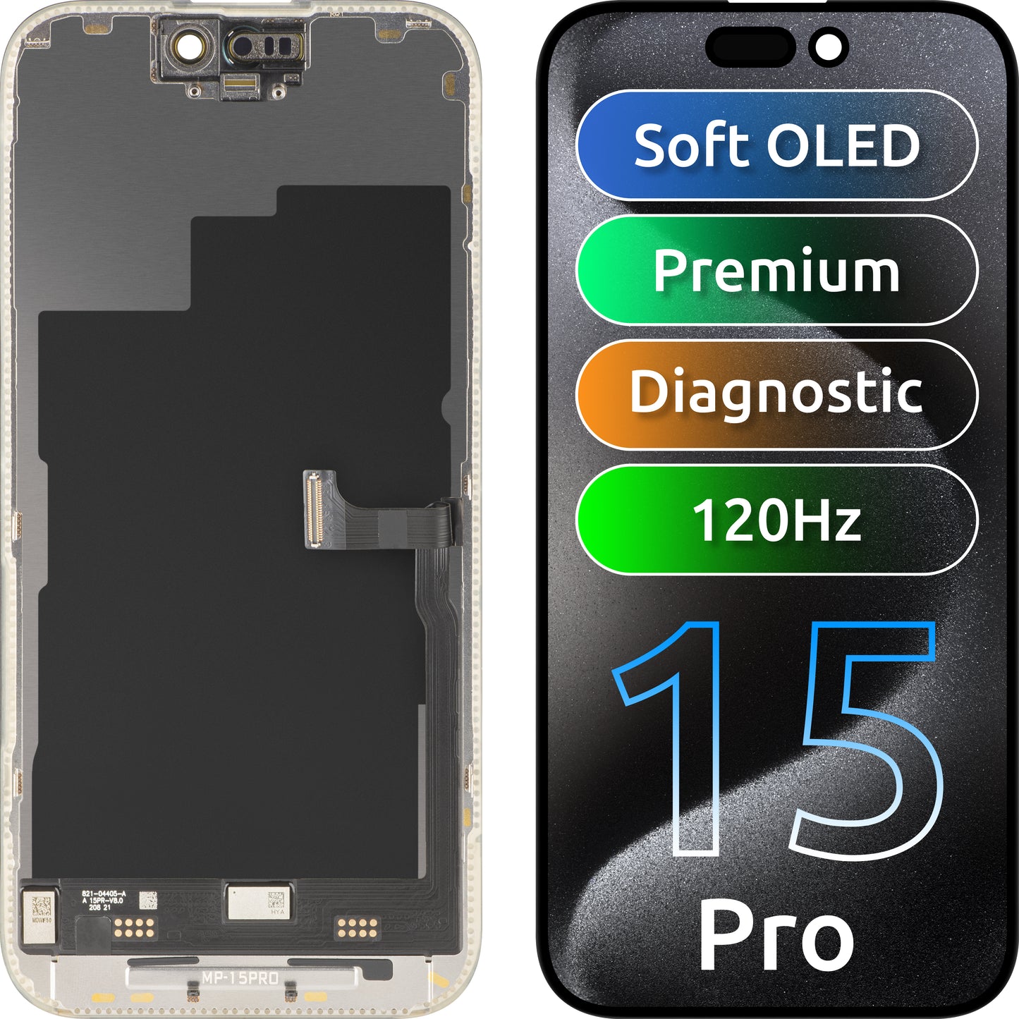 Дисплей с MP сензорен екран, съвместим с Apple iPhone 15 Pro, с рамка, премиум версия Soft OLED FHD 120Hz диагностичен, черен