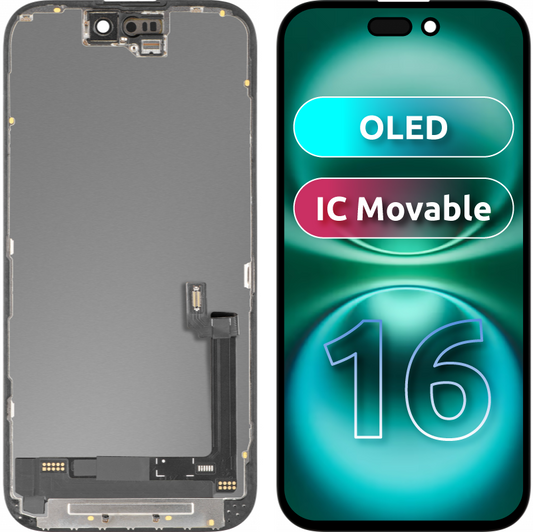 Дисплей с тъчскрийн MP, съвместим с Apple iPhone 16, с рамка, версия OLED IC Movable, черен