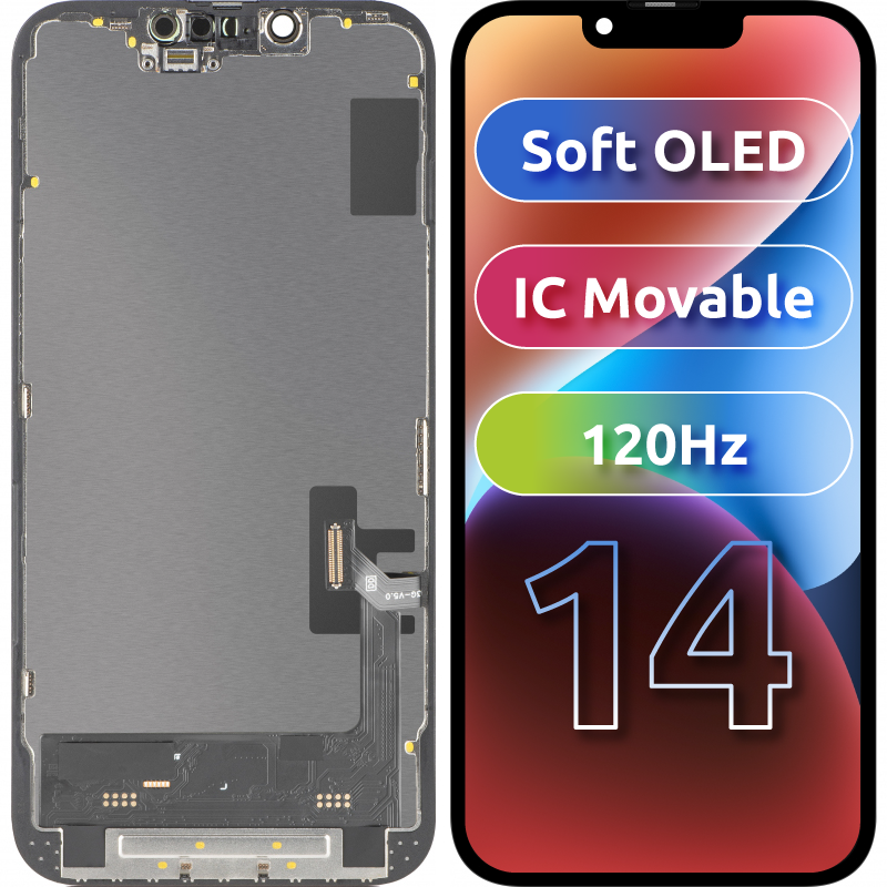 Дисплей с тъчскрийн MP, съвместим с Apple iPhone 14, с рамка, версия Soft OLED FHD 120Hz IC Movable, черен