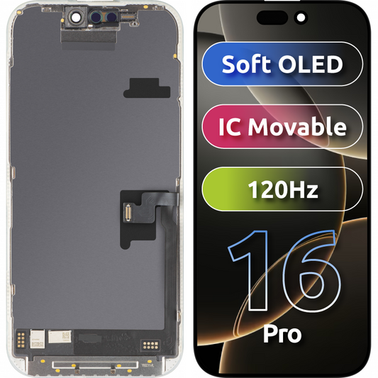 Дисплей с тъчскрийн MP, съвместим с Apple iPhone 16 Pro, с рамка, версия Soft OLED FHD 120Hz IC Movable, черен