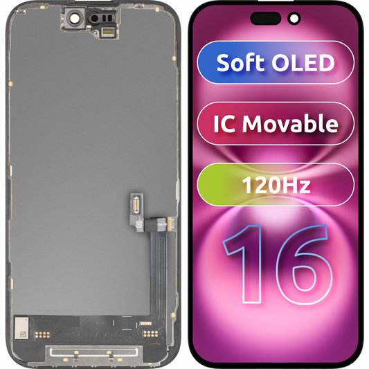 Дисплей с тъчскрийн MP, съвместим с Apple iPhone 16, с рамка, версия Soft OLED FHD 120Hz IC Movable, черен