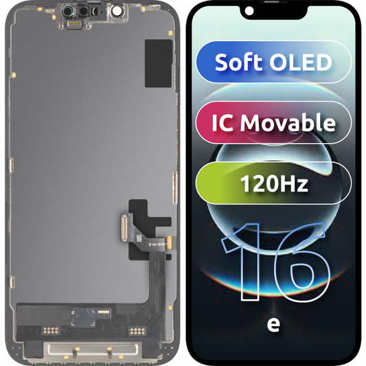 Дисплей с тъчскрийн MP, съвместим с Apple iPhone 17e / 16e, с рамка, версия Soft OLED FHD 120Hz IC Movable, черен